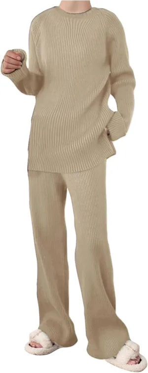 Women 2 Piece Outfits Oversized Long Sleeve Cable Knit Pullover Sweater Top Wide Leg Pants Matching Set