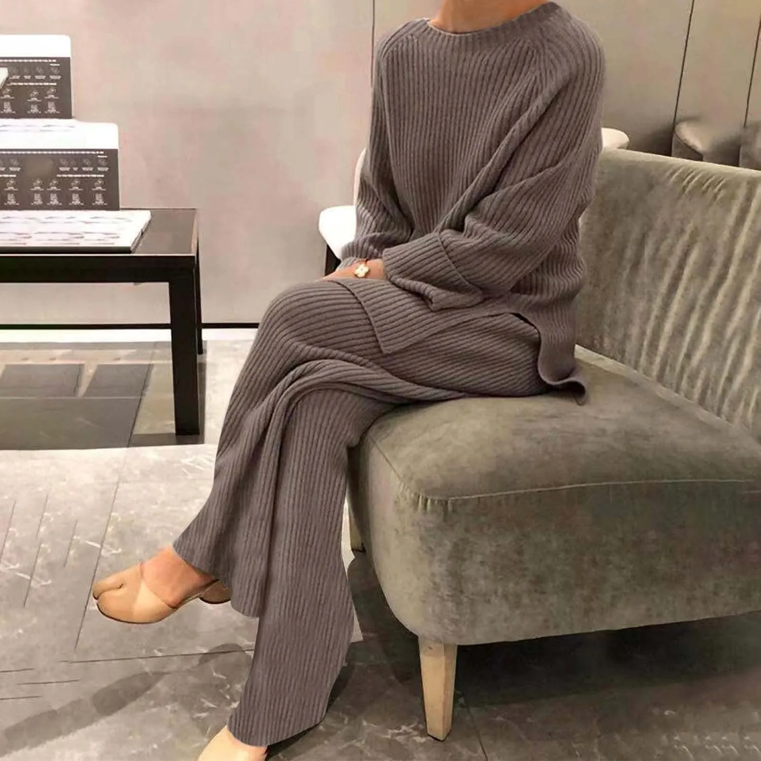 Women 2 Piece Outfits Oversized Long Sleeve Cable Knit Pullover Sweater Top Wide Leg Pants Matching Set