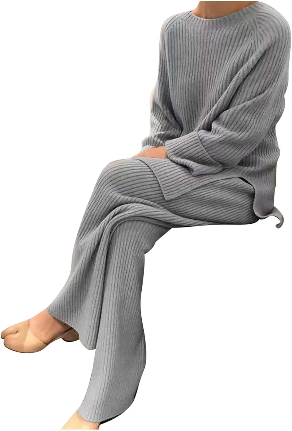 Women 2 Piece Outfits Oversized Long Sleeve Cable Knit Pullover Sweater Top Wide Leg Pants Matching Set