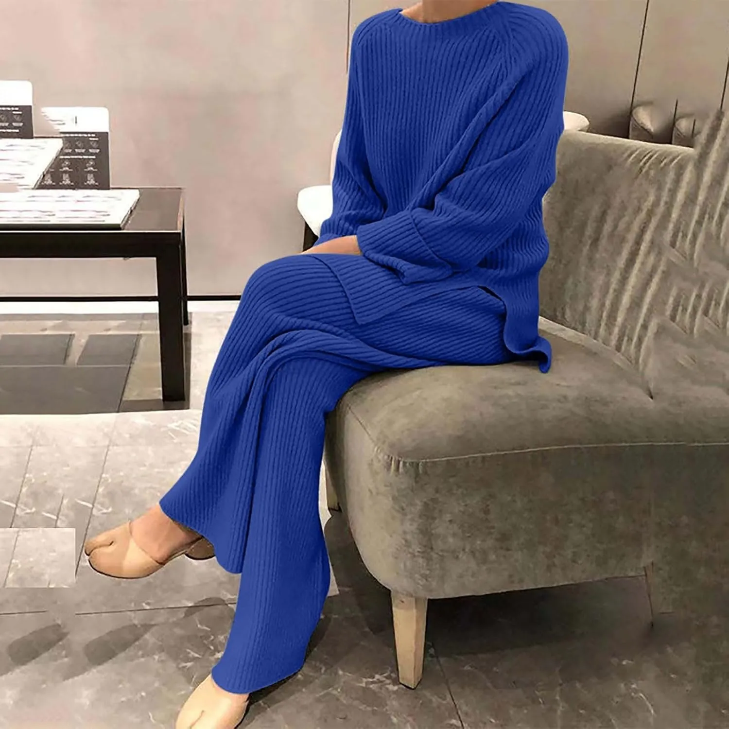Women 2 Piece Outfits Oversized Long Sleeve Cable Knit Pullover Sweater Top Wide Leg Pants Matching Set