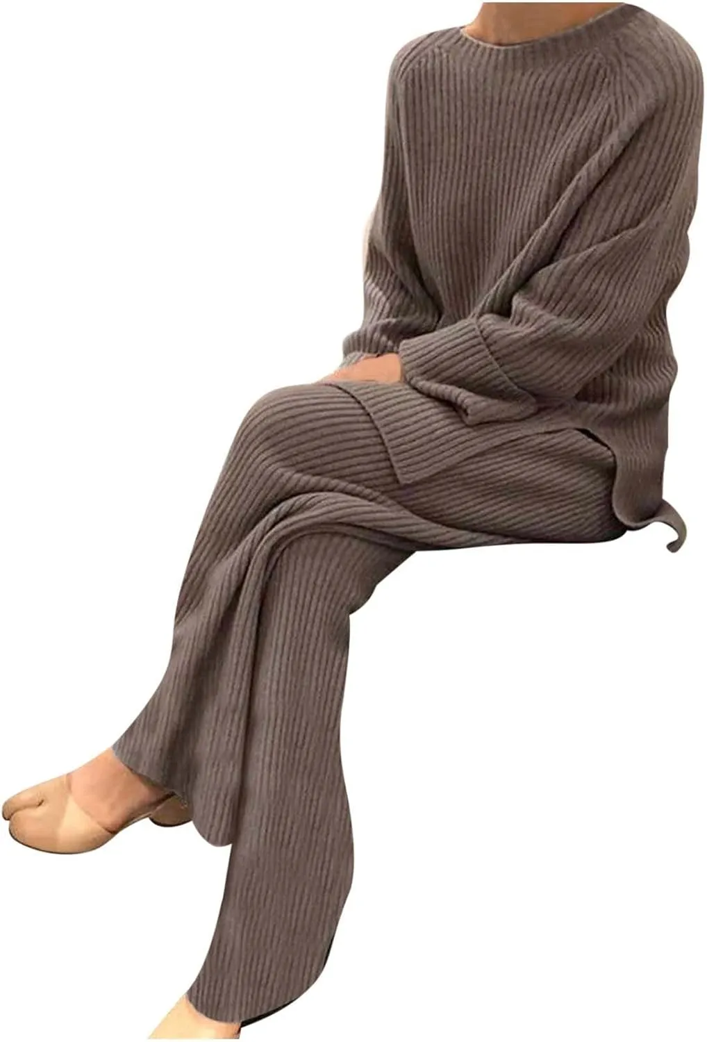 Women 2 Piece Outfits Oversized Long Sleeve Cable Knit Pullover Sweater Top Wide Leg Pants Matching Set