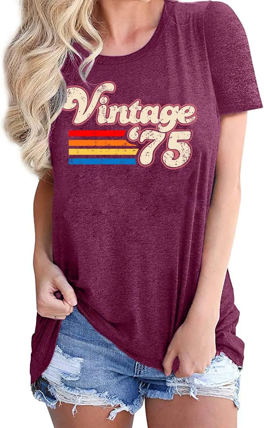 Women 50th Birthday Shirt Vintage 1975 Tshirt Fifty Bday Gift Casual Birthday Apparel Flower Graphic Short Sleeves Tee