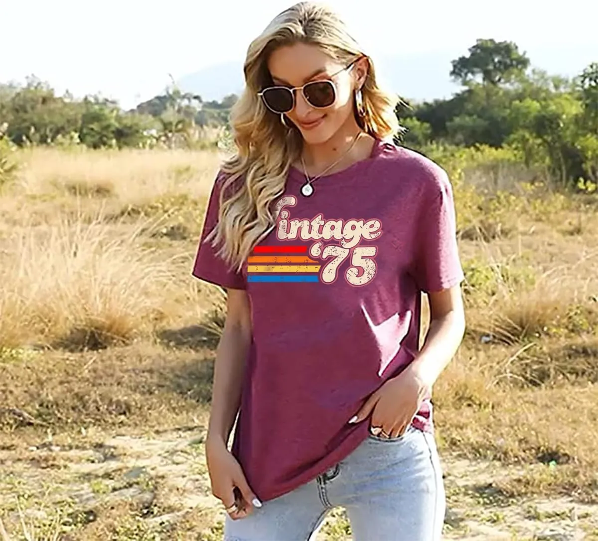Women 50th Birthday Shirt Vintage 1975 Tshirt Fifty Bday Gift Casual Birthday Apparel Flower Graphic Short Sleeves Tee