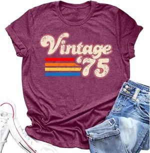 Women 50th Birthday Shirt Vintage 1975 Tshirt Fifty Bday Gift Casual Birthday Apparel Flower Graphic Short Sleeves Tee