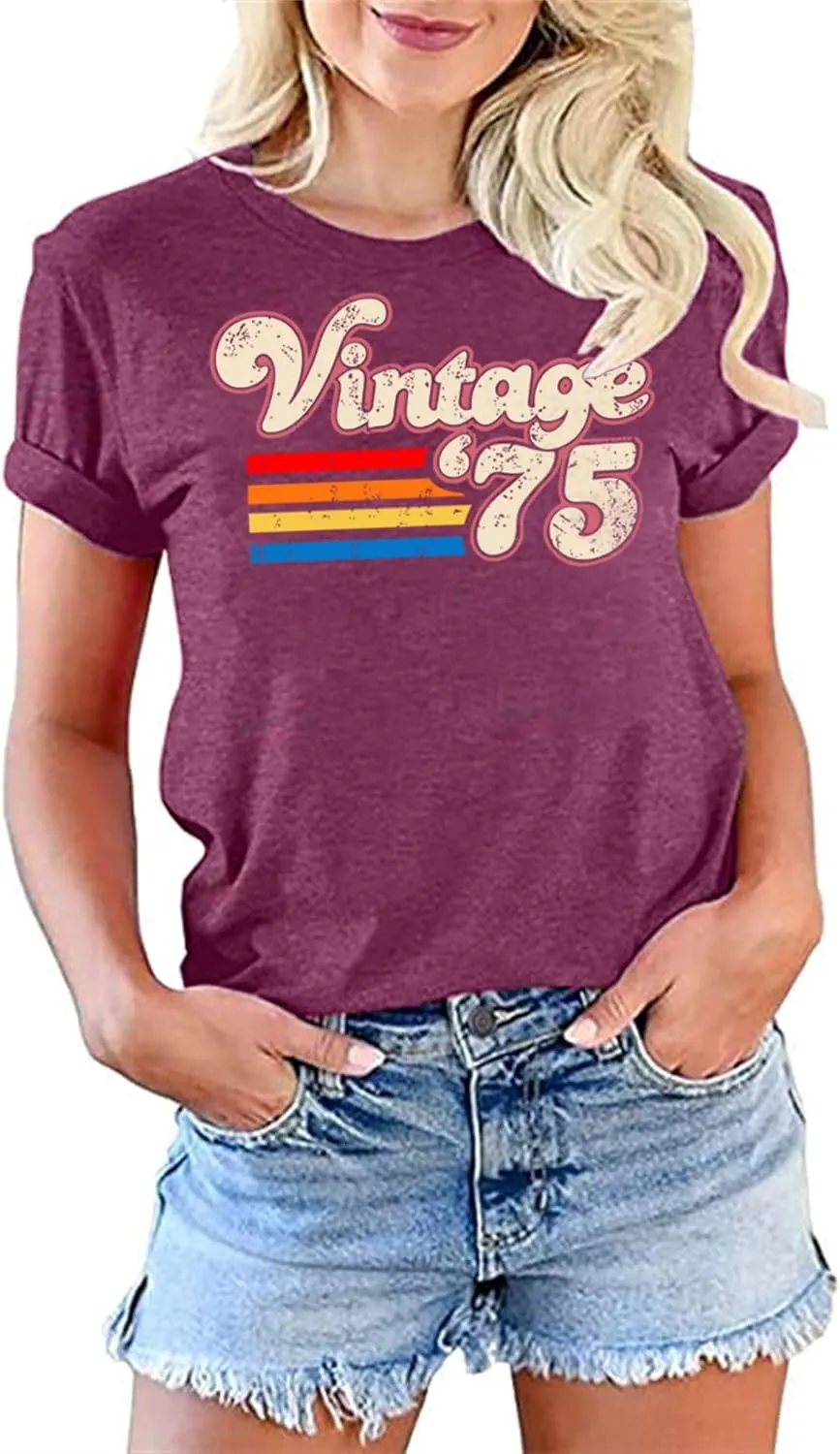 Women 50th Birthday Shirt Vintage 1975 Tshirt Fifty Bday Gift Casual Birthday Apparel Flower Graphic Short Sleeves Tee