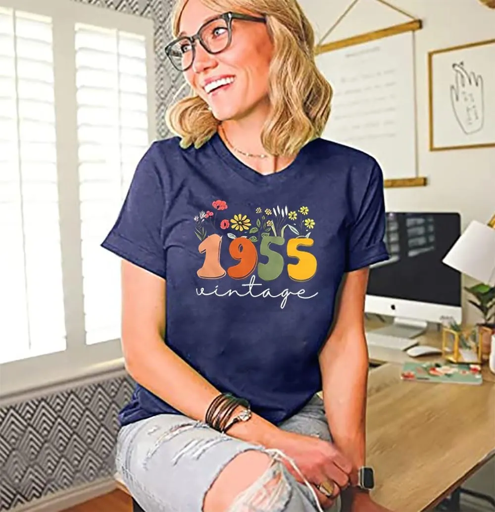 Women 70th Birthday Shirt Vintage 1955 Tshirt Seventy Bday Gift Casual Birthday Apparel Flower Graphic Short Sleeves Tee