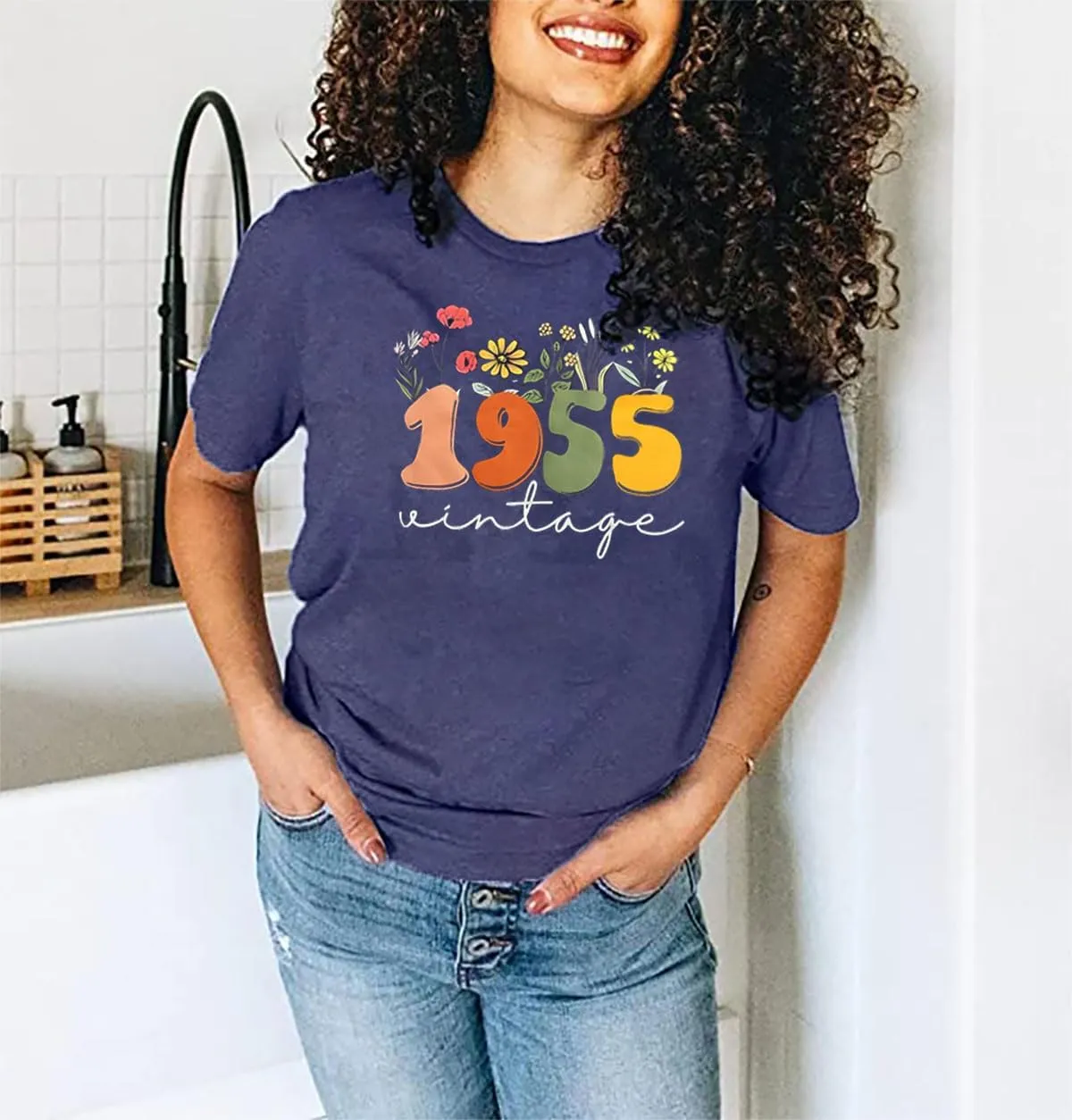 Women 70th Birthday Shirt Vintage 1955 Tshirt Seventy Bday Gift Casual Birthday Apparel Flower Graphic Short Sleeves Tee