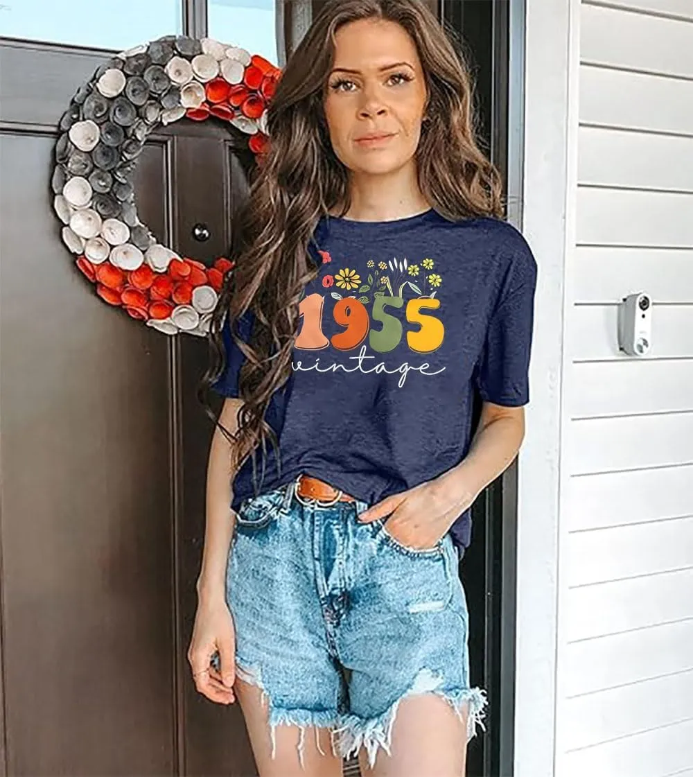 Women 70th Birthday Shirt Vintage 1955 Tshirt Seventy Bday Gift Casual Birthday Apparel Flower Graphic Short Sleeves Tee