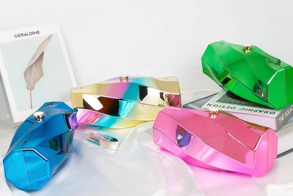 Women Acrylic Clutch Purse Unique Metallic Irregular Box Evening Bag Chain Shoulder Bag For Wedding Cocktail Party 2025