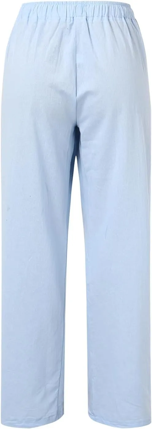 Women Casual Cotton Linen Pants Lightweight Summer Loose Fit Elastic Waist Plus Size Solid Lounge Long Trousers Beach Clothes