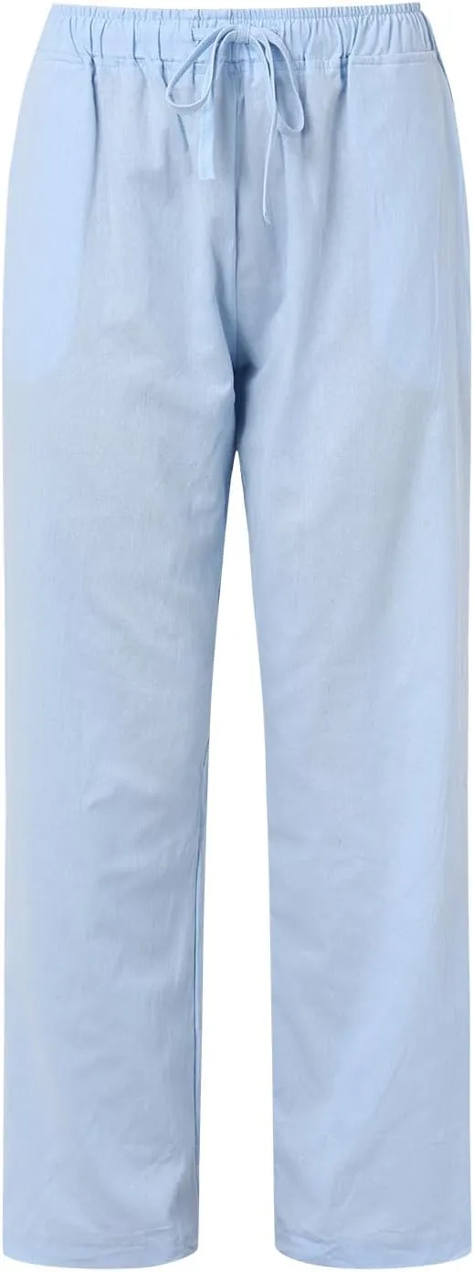 Women Casual Cotton Linen Pants Lightweight Summer Loose Fit Elastic Waist Plus Size Solid Lounge Long Trousers Beach Clothes