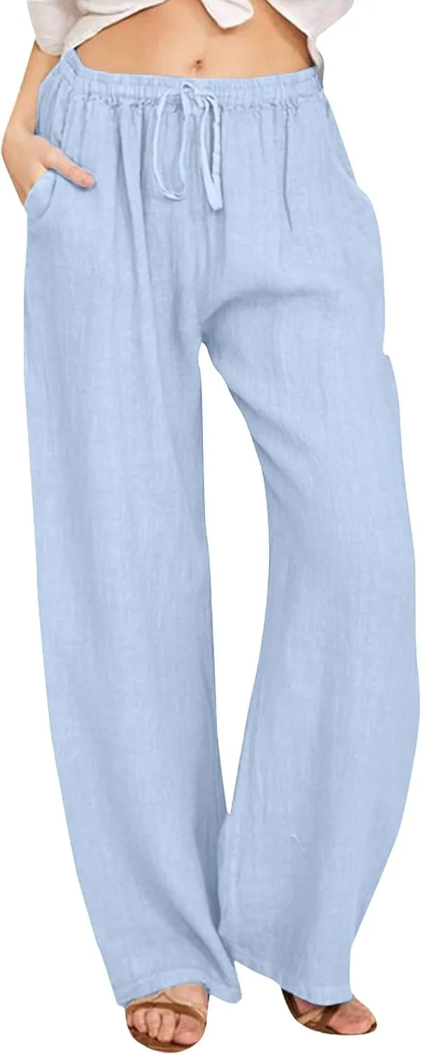 Women Casual Cotton Linen Pants Lightweight Summer Loose Fit Elastic Waist Plus Size Solid Lounge Long Trousers Beach Clothes