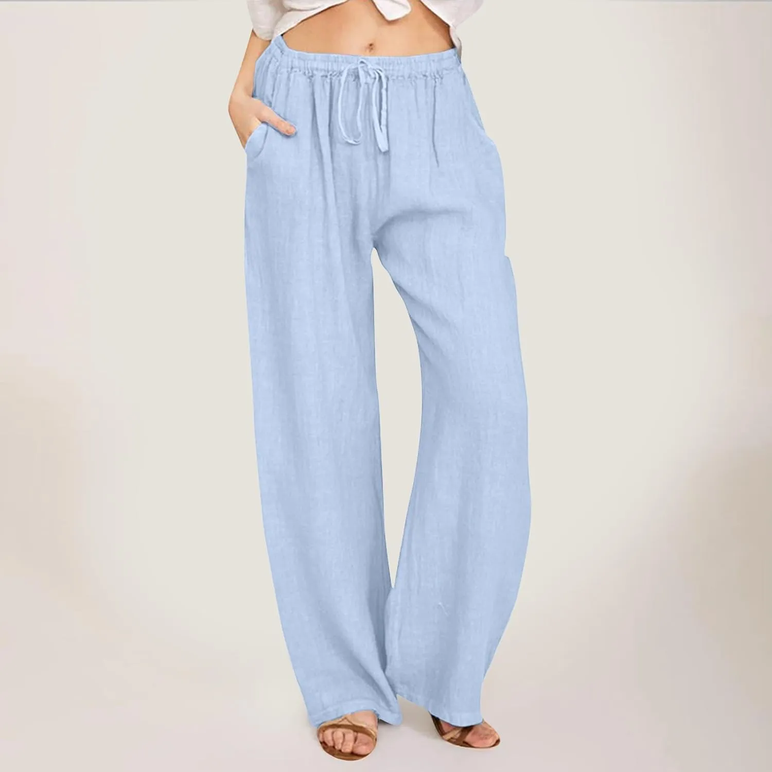 Women Casual Cotton Linen Pants Lightweight Summer Loose Fit Elastic Waist Plus Size Solid Lounge Long Trousers Beach Clothes