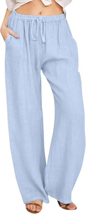 Women Casual Cotton Linen Pants Lightweight Summer Loose Fit Elastic Waist Plus Size Solid Lounge Long Trousers Beach Clothes