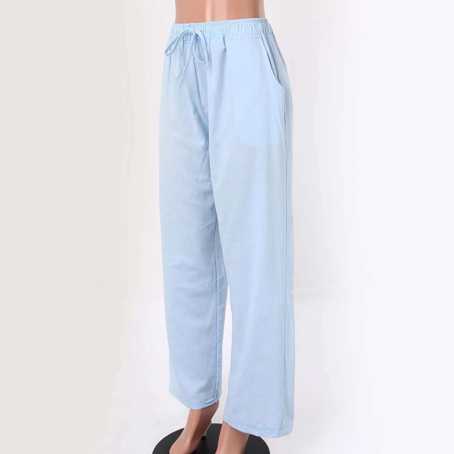Women Casual Cotton Linen Pants Lightweight Summer Loose Fit Elastic Waist Plus Size Solid Lounge Long Trousers Beach Clothes