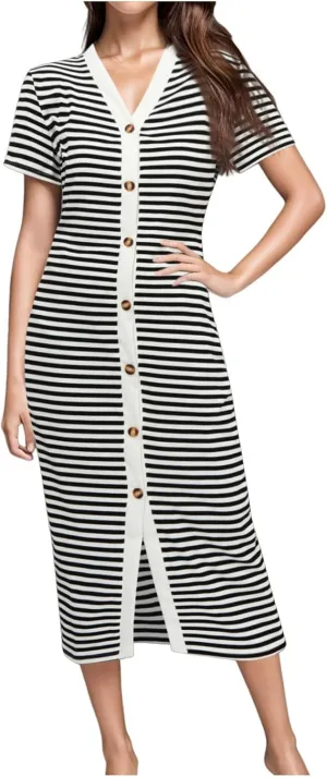 Women Casual Summer Dresses Short Sleeve Striped Midi Dresses Decorative Button Ribbed Knit Dresses Party Beach
