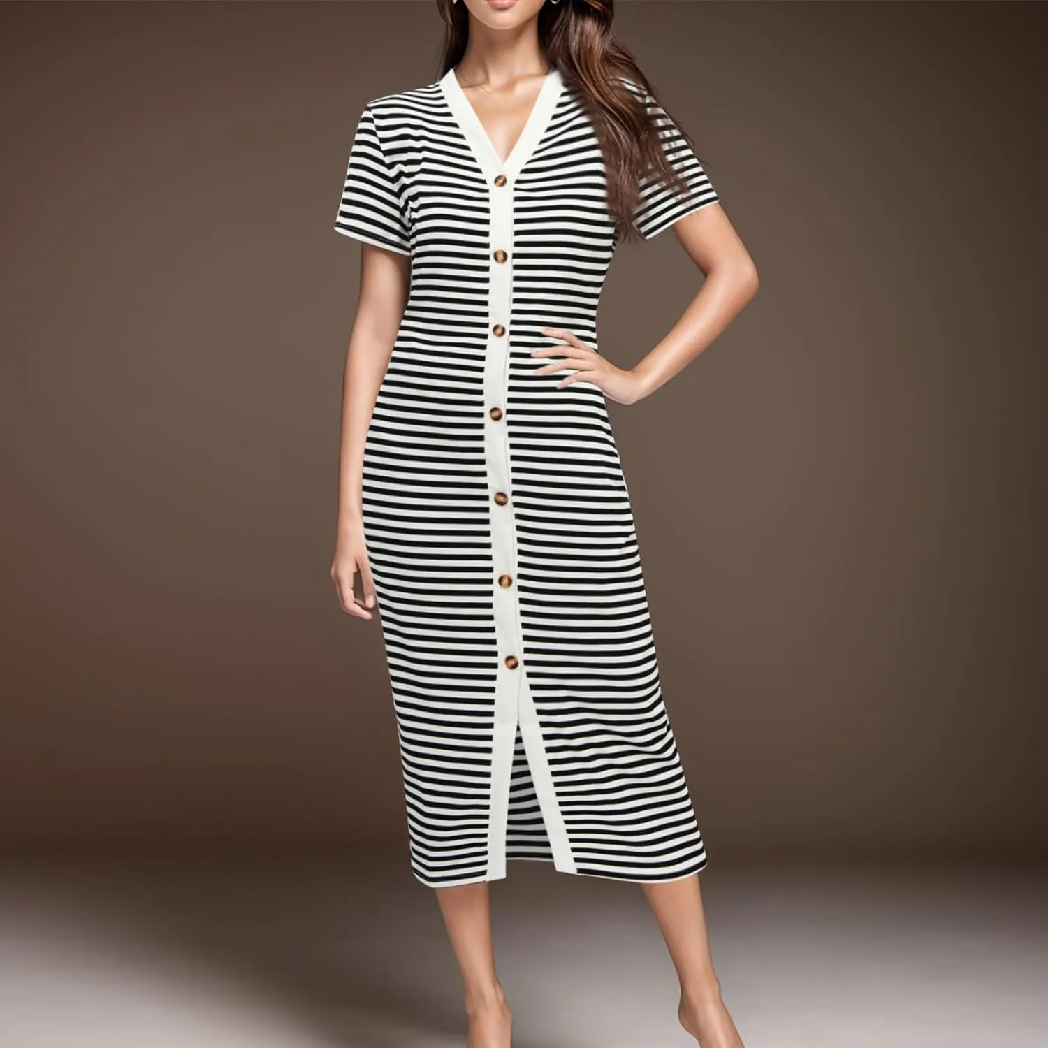 Women Casual Summer Dresses Short Sleeve Striped Midi Dresses Decorative Button Ribbed Knit Dresses Party Beach