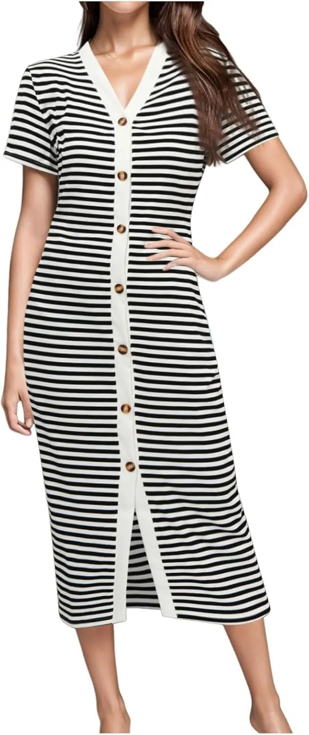 Women Casual Summer Dresses Short Sleeve Striped Midi Dresses Decorative Button Ribbed Knit Dresses Party Beach
