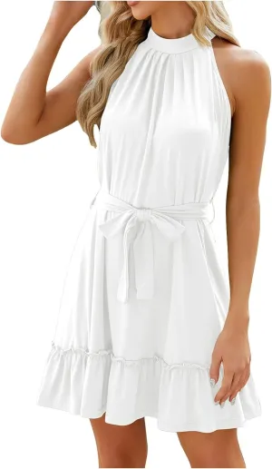 Women Halter Dresses Summer Ruffle Tiered Layered Sundress A Line Swing Mini Dress Sleeveless Tie Waist