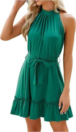 Women Halter Dresses Summer Ruffle Tiered Layered Sundress A Line Swing Mini Dress Sleeveless Tie Waist