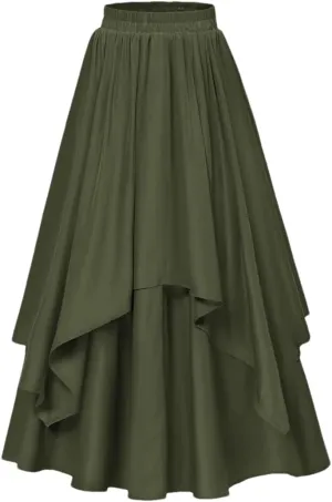 Women High Waisted Vintage Dual-Layer Long Swing Skirt Elastic Waist Loose A-Line Maxi Skirt
