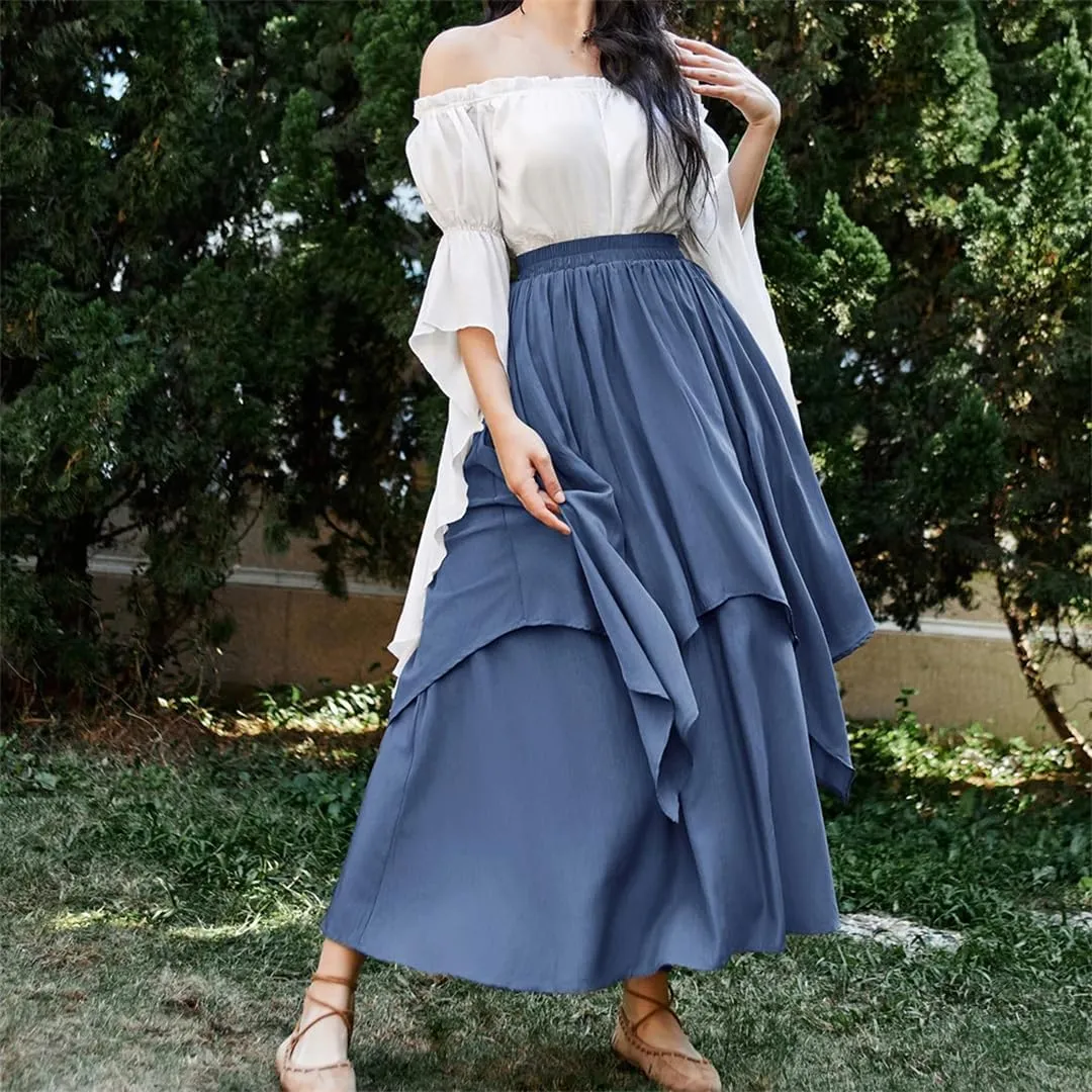 Women High Waisted Vintage Dual-Layer Long Swing Skirt Elastic Waist Loose A-Line Maxi Skirt