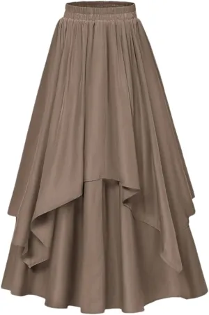 Women High Waisted Vintage Dual-Layer Long Swing Skirt Elastic Waist Loose A-Line Maxi Skirt