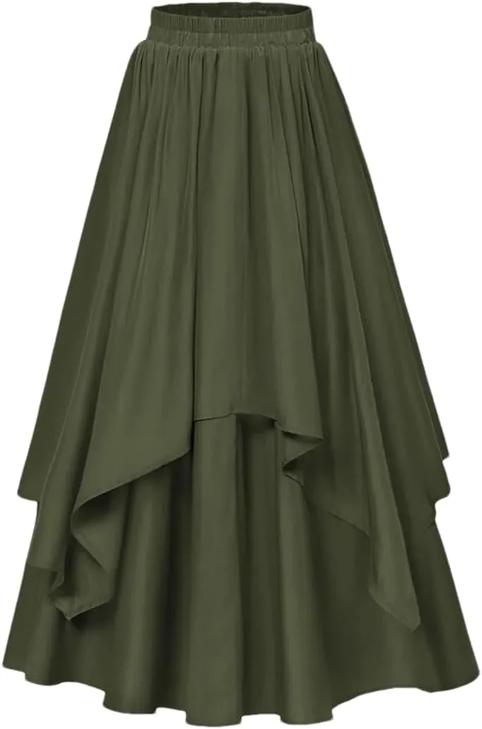 Women High Waisted Vintage Dual-Layer Long Swing Skirt Elastic Waist Loose A-Line Maxi Skirt