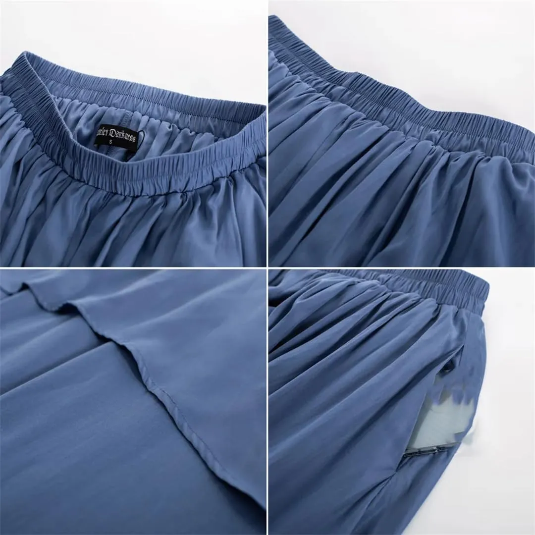 Women High Waisted Vintage Dual-Layer Long Swing Skirt Elastic Waist Loose A-Line Maxi Skirt