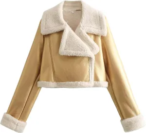 Women Leather Jacket Faux Fur Moto Jacket Thicken Fleece Lined Parka Winter Shearling Fluffy Coat Cropped Bomber Jacket