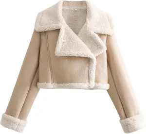 Women Leather Jacket Faux Fur Moto Jacket Thicken Fleece Lined Parka Winter Shearling Fluffy Coat Cropped Bomber Jacket