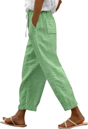 Women Linen Capris Elastic Waistband Cropped Wide Leg Casual Pants 2025 Summer Hiking Travel with Pockets