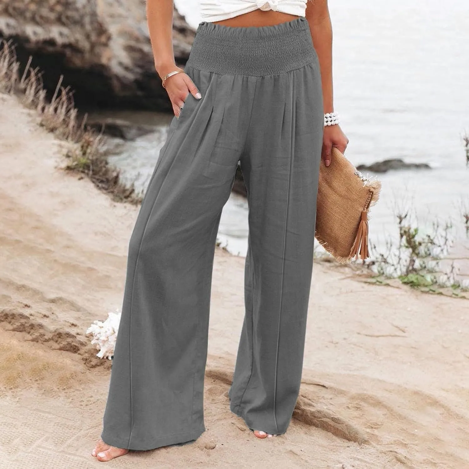 Women Linen Palazzo Pants Summer Wide Leg High Elastic Waist Casual Lounge Pant 2025 Beach Travel Vacation Outfits