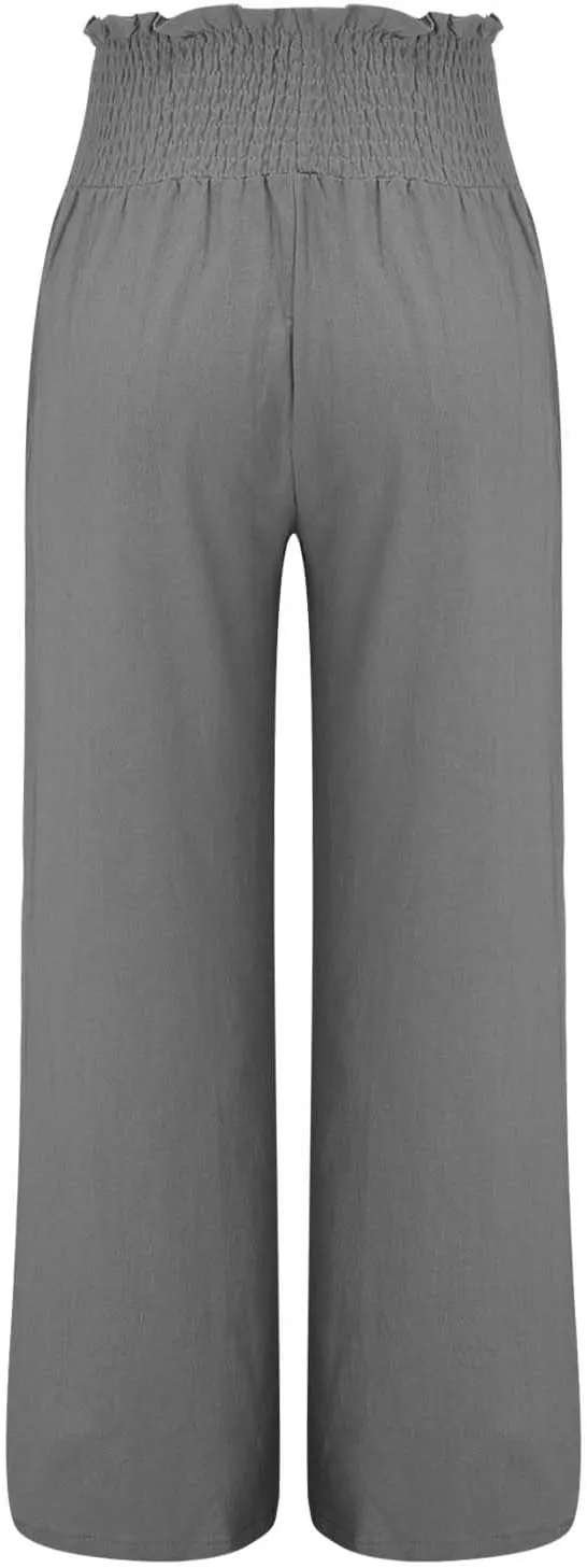 Women Linen Palazzo Pants Summer Wide Leg High Elastic Waist Casual Lounge Pant 2025 Beach Travel Vacation Outfits