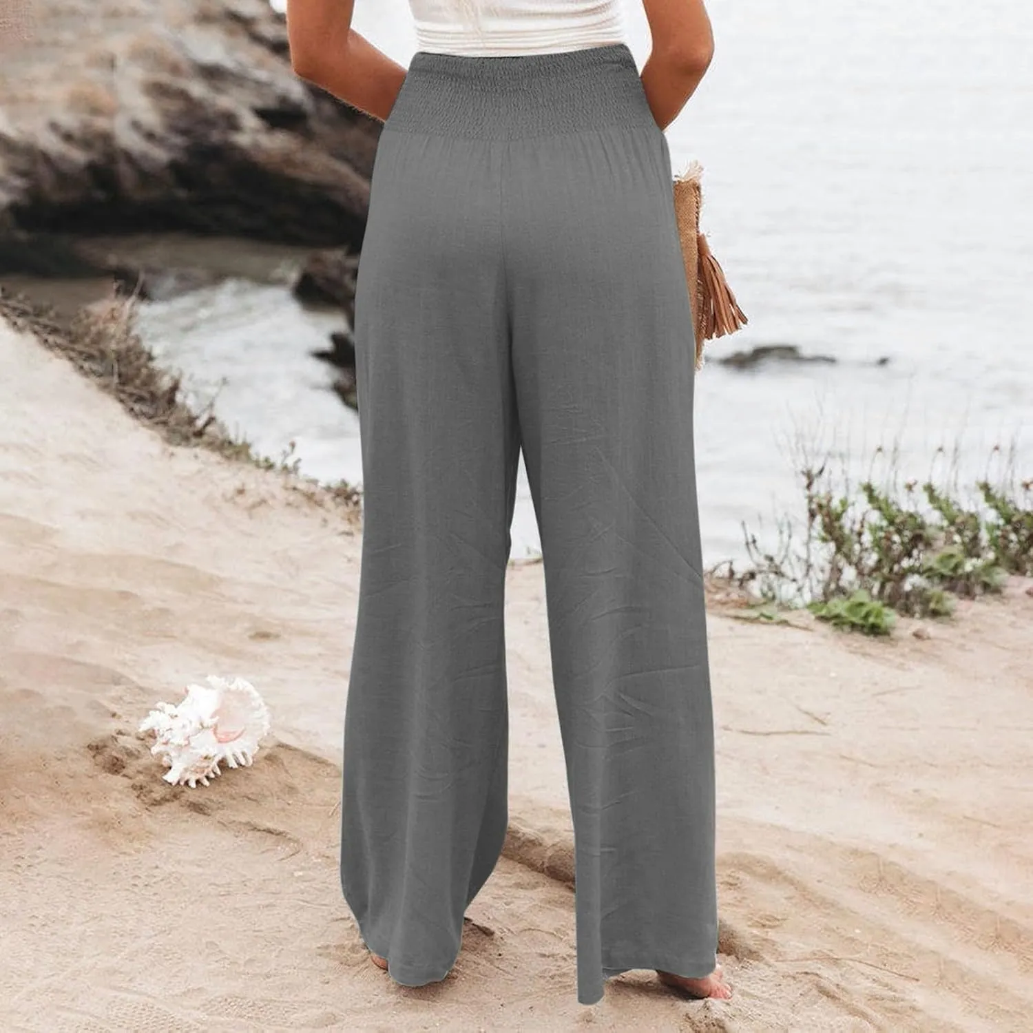 Women Linen Palazzo Pants Summer Wide Leg High Elastic Waist Casual Lounge Pant 2025 Beach Travel Vacation Outfits