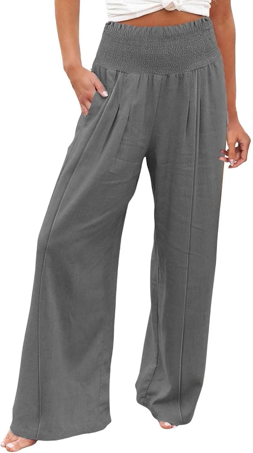 Women Linen Palazzo Pants Summer Wide Leg High Elastic Waist Casual Lounge Pant 2025 Beach Travel Vacation Outfits