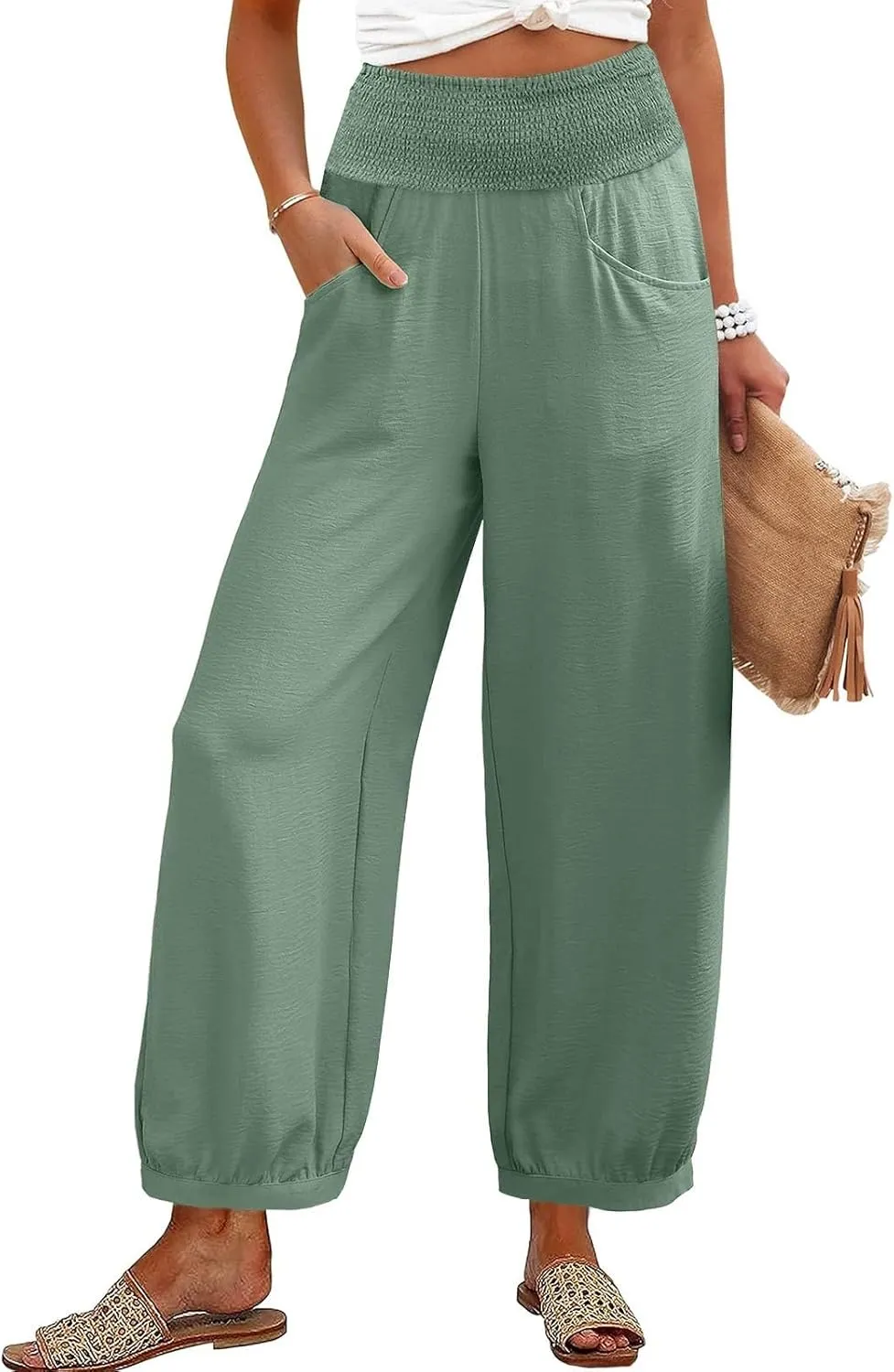Women Linen Wide Leg Pants with Pockets Elastic Waist Loose Casual Summer Beach Vacation Solid Going Out Pants