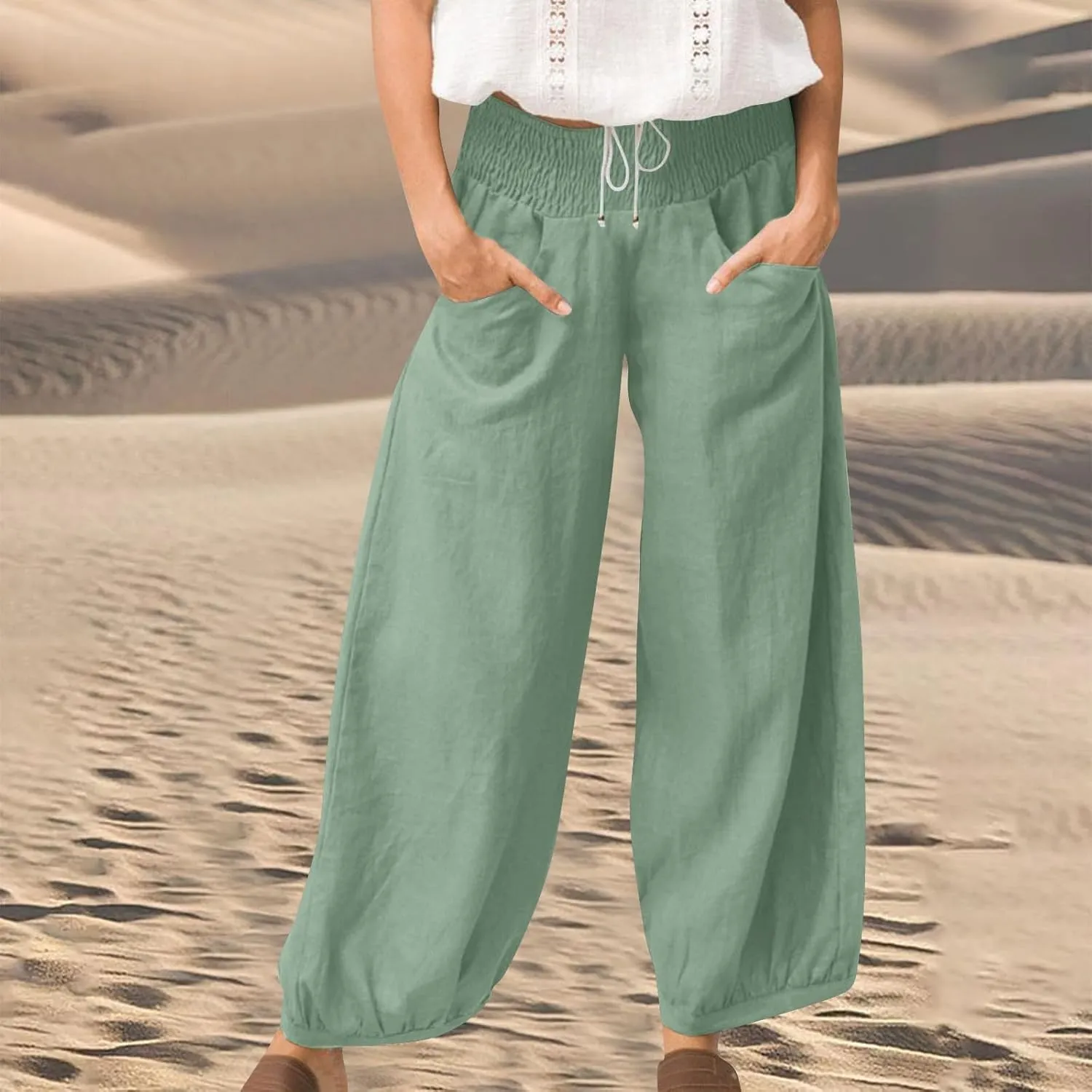 Women Linen Wide Leg Pants with Pockets Elastic Waist Loose Casual Summer Beach Vacation Solid Going Out Pants