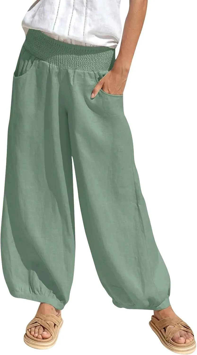 Women Linen Wide Leg Pants with Pockets Elastic Waist Loose Casual Summer Beach Vacation Solid Going Out Pants