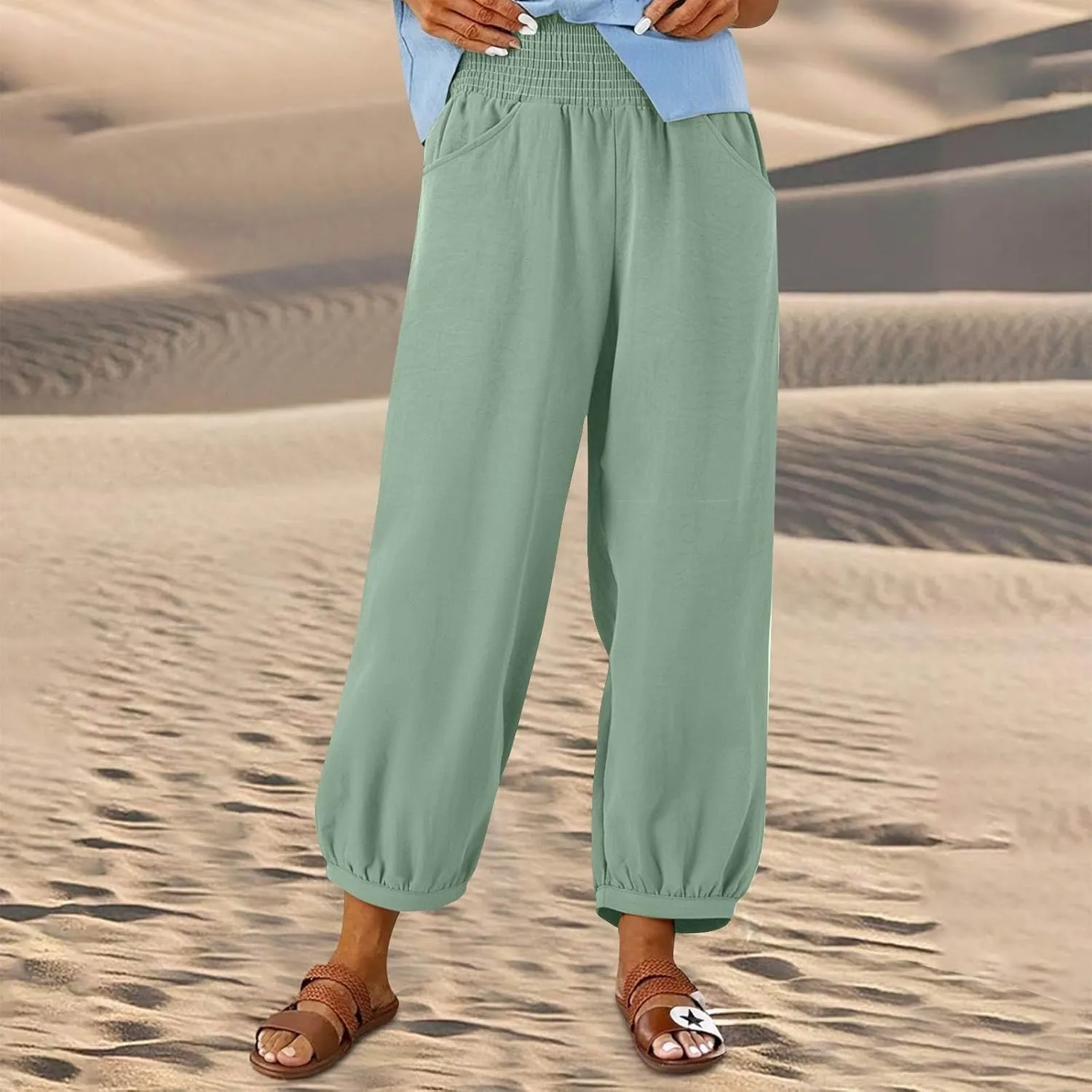 Women Linen Wide Leg Pants with Pockets Elastic Waist Loose Casual Summer Beach Vacation Solid Going Out Pants