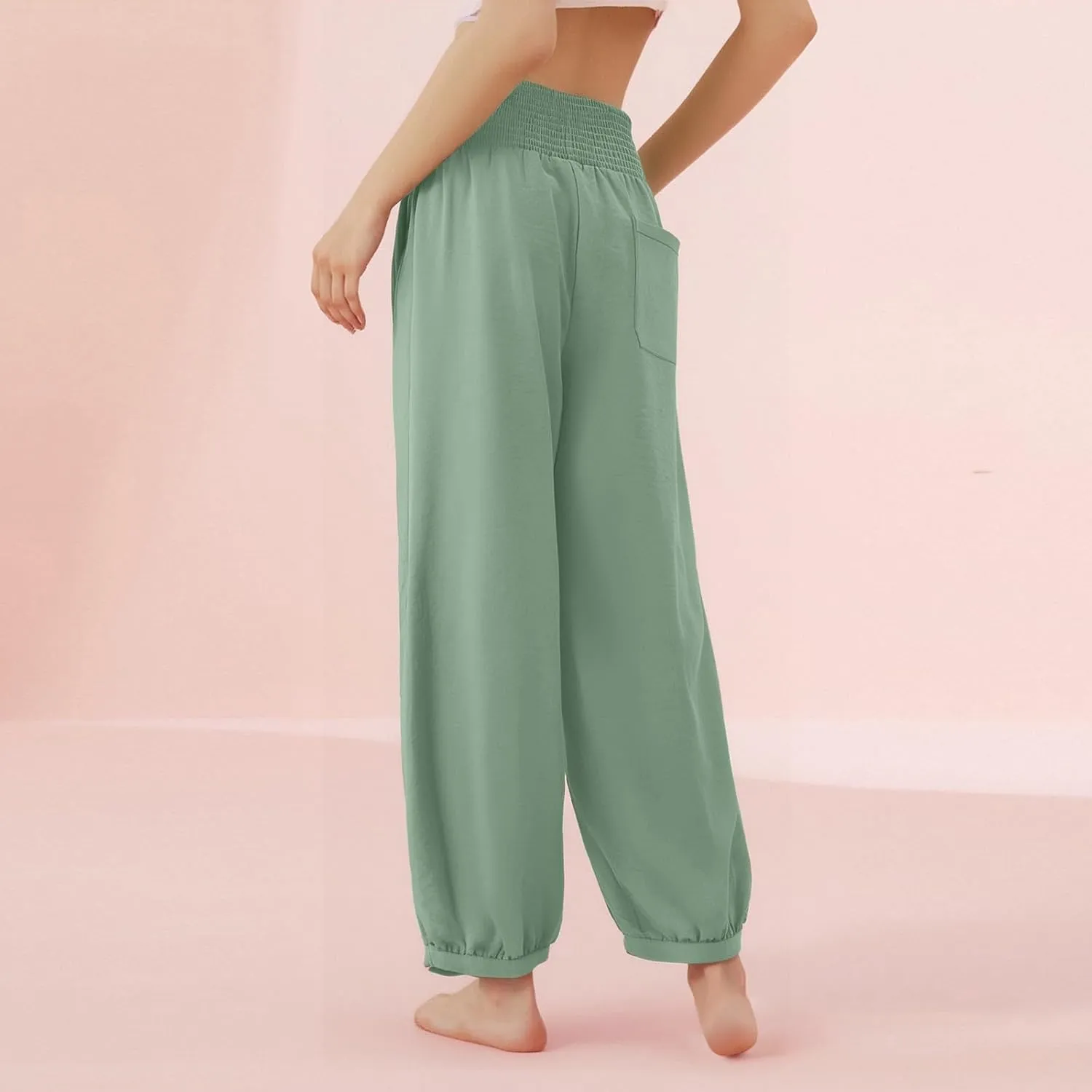 Women Linen Wide Leg Pants with Pockets Elastic Waist Loose Casual Summer Beach Vacation Solid Going Out Pants