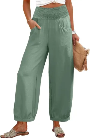 Women Linen Wide Leg Pants with Pockets Elastic Waist Loose Casual Summer Beach Vacation Solid Going Out Pants