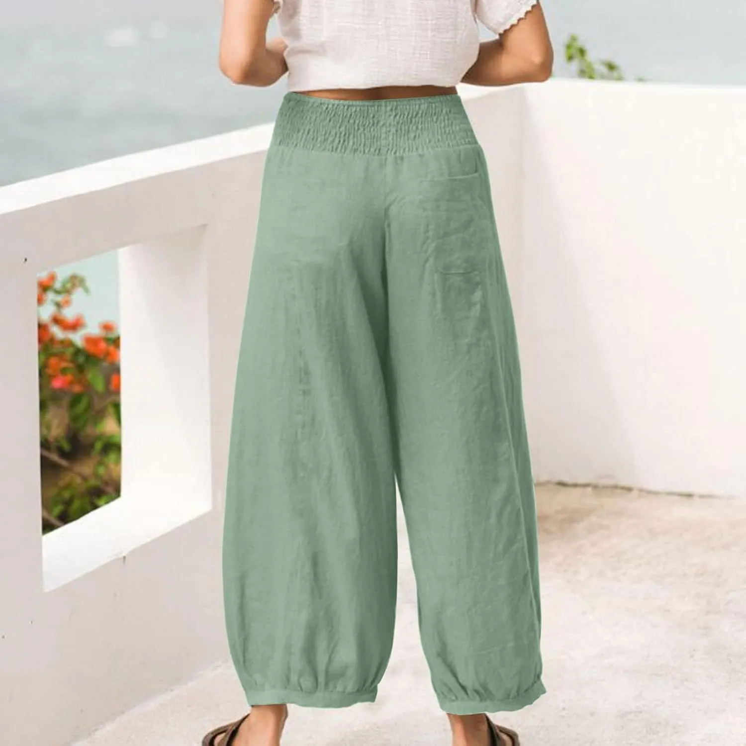 Women Linen Wide Leg Pants with Pockets Elastic Waist Loose Casual Summer Beach Vacation Solid Going Out Pants