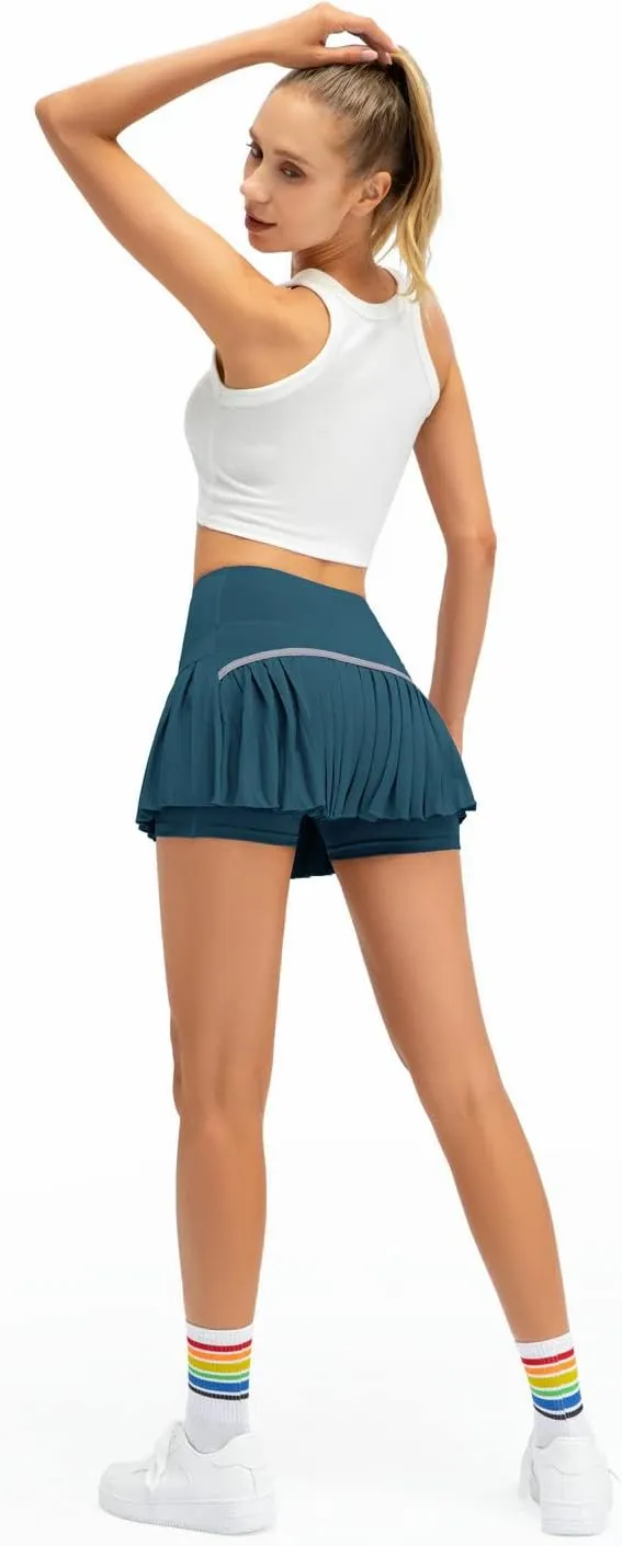 Women Pleated Tennis Skirt High Waisted Golf Athletic Skort Mini Skirts with Shorts Pockets Workout Running Apparel