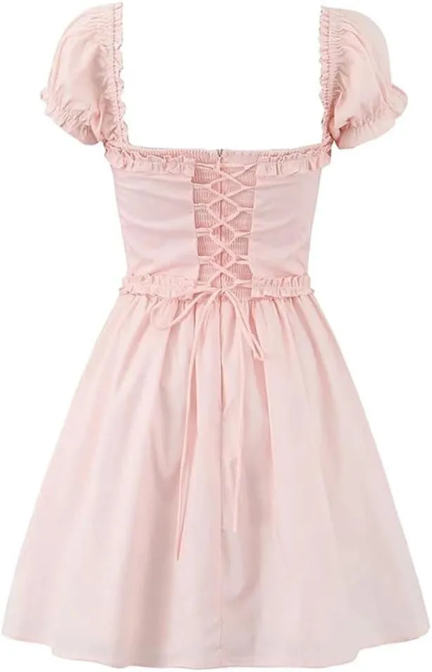 Women Sexy Elegant Mini Dress Vintage Puff Sleeve Slim Low Waist Party Dresses Lacing Up Back Robe