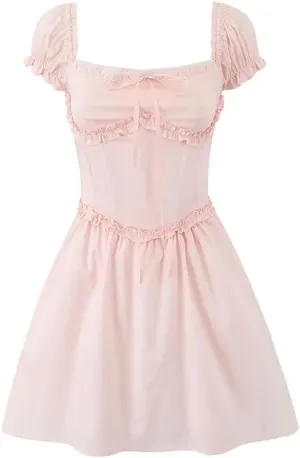 Women Sexy Elegant Mini Dress Vintage Puff Sleeve Slim Low Waist Party Dresses Lacing Up Back Robe