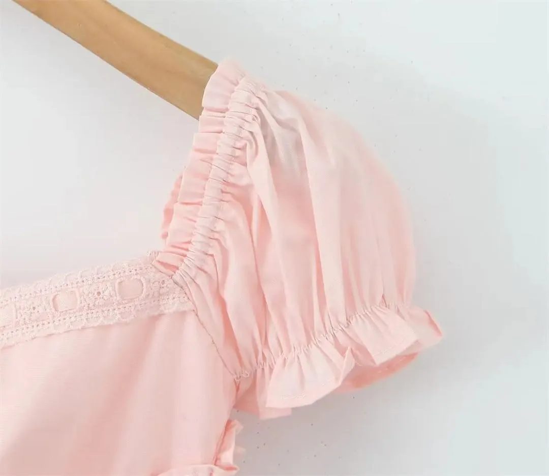 Women Sexy Elegant Mini Dress Vintage Puff Sleeve Slim Low Waist Party Dresses Lacing Up Back Robe
