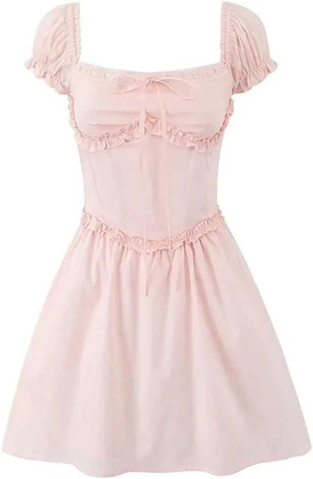Women Sexy Elegant Mini Dress Vintage Puff Sleeve Slim Low Waist Party Dresses Lacing Up Back Robe