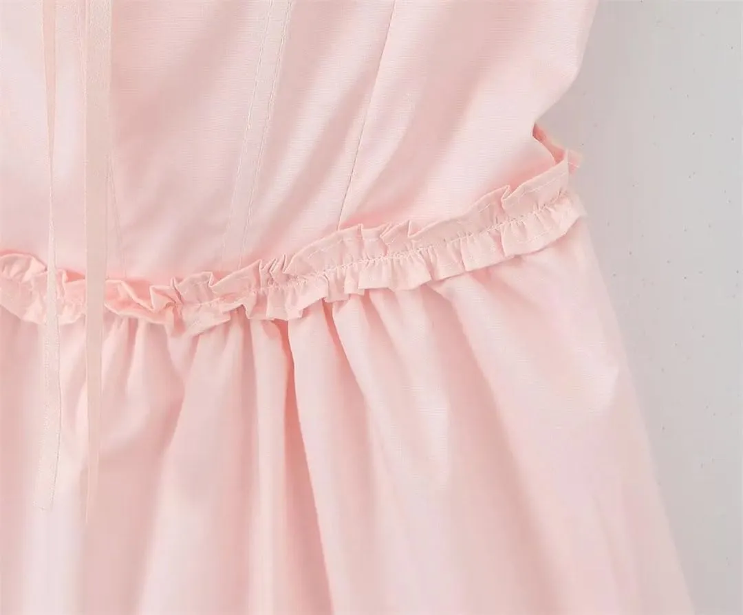 Women Sexy Elegant Mini Dress Vintage Puff Sleeve Slim Low Waist Party Dresses Lacing Up Back Robe