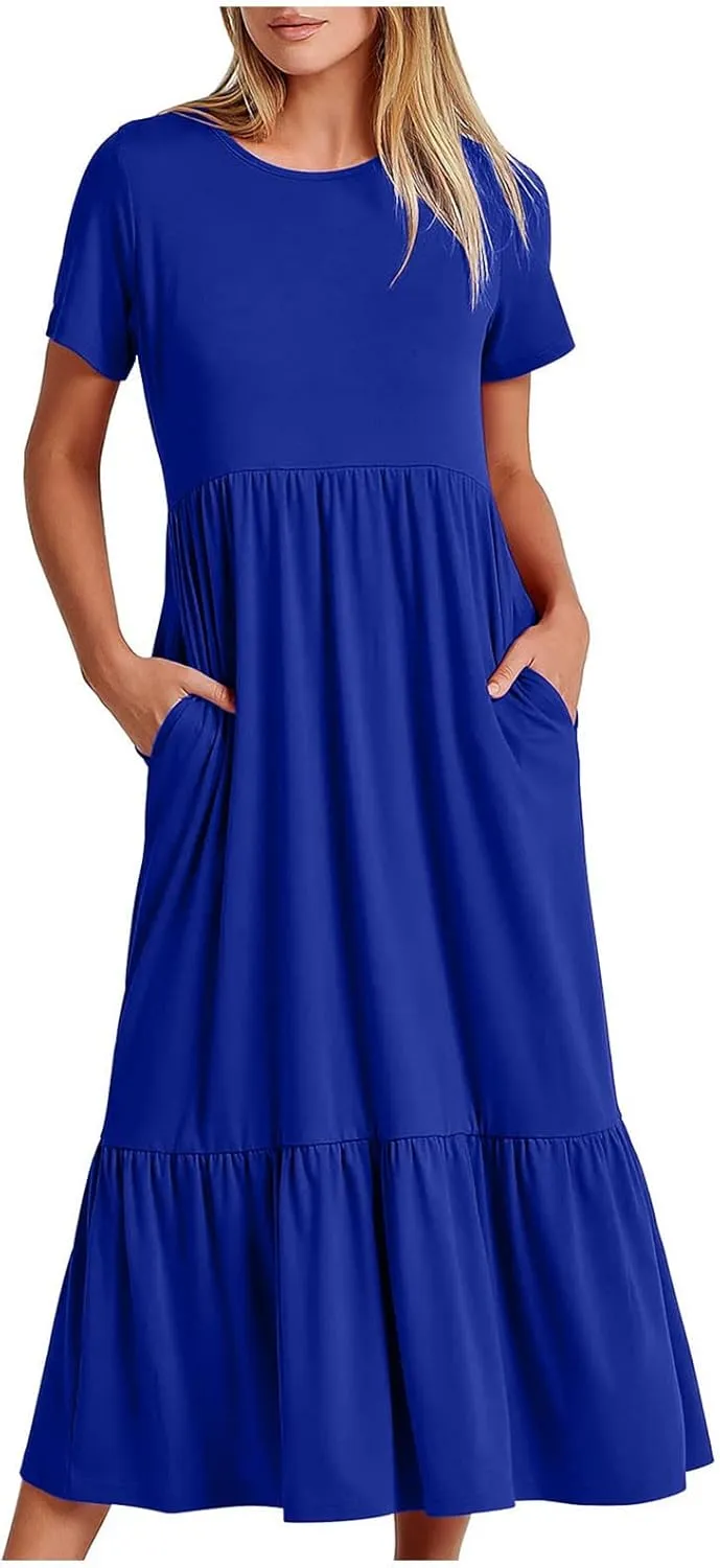 Women Short Sleeve Midi Dresses Summer Casual Dress Ruffle Swing Flowy Sundress Mid Calf T Shirt with Pocket